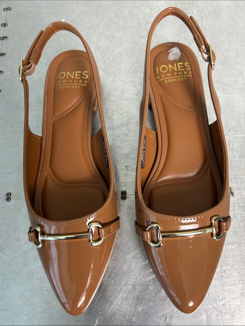 Jones New York Brown Patent Slingback Flats with Gold Hardware